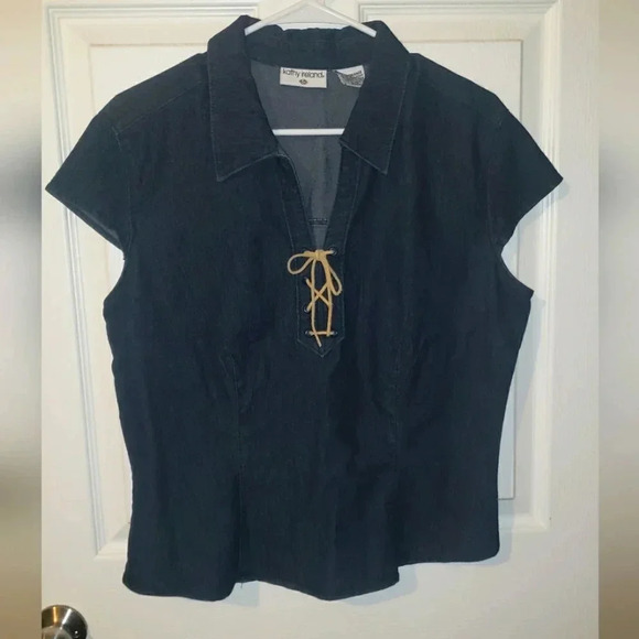 Kathy Ireland | Vintage 90's Denim Top with Suede Lace Detail - Picture 1 of 4